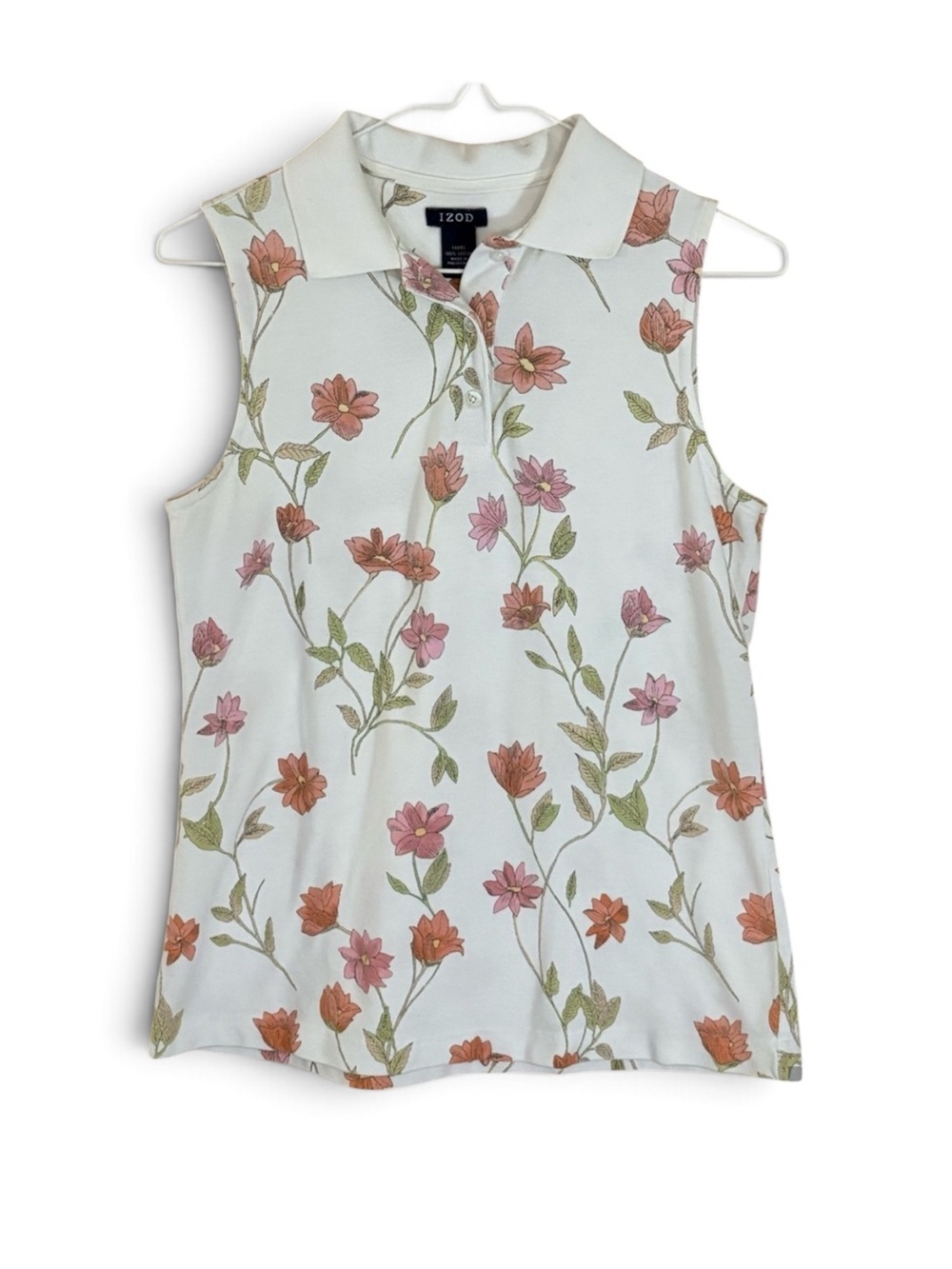 Izod Floral Sleeveless Polo Tank Top - White with Pink & Orange Blooms
